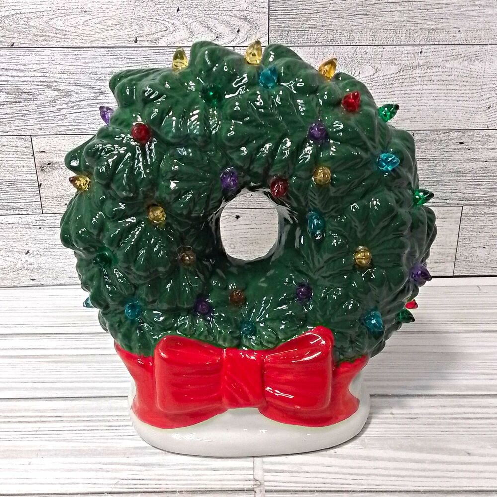 Ceramic Light-Up Christmas Door Wreath w/ Red Bow & Multicolor Lights 7"x"5